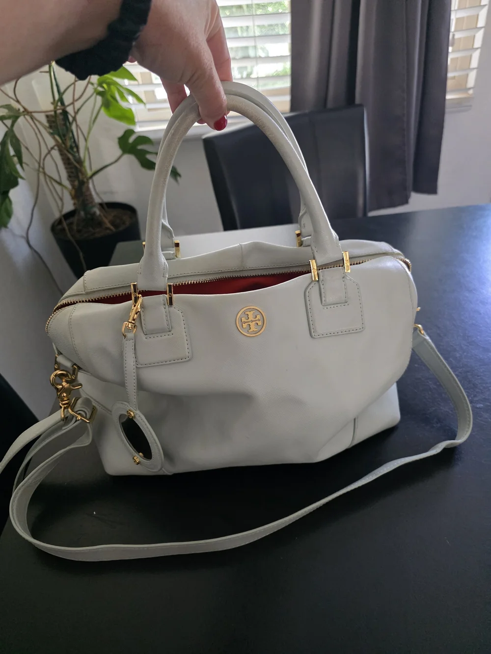 White Leather Satchel Handbag with Gold Accents